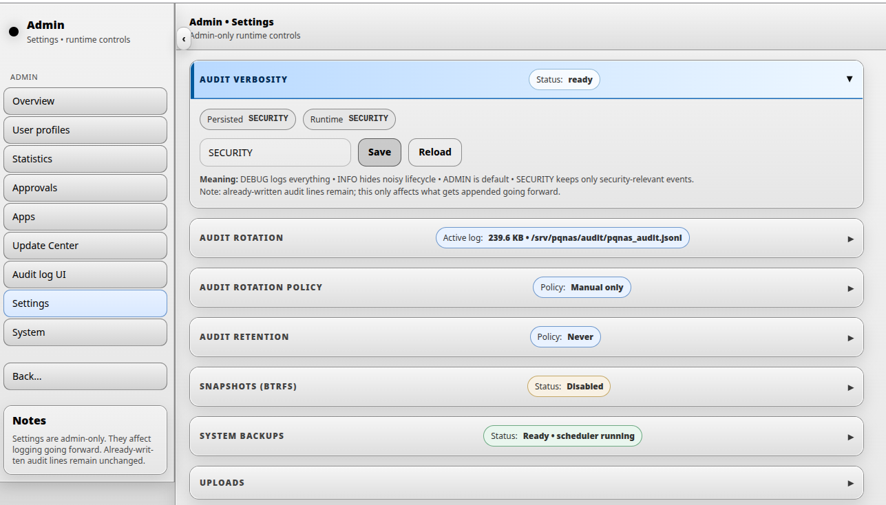 DNA-Nexus admin settings page with audit verbosity setting