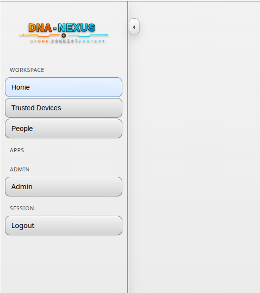 DNA-Nexus first administrator view with Admin menu in the sidebar