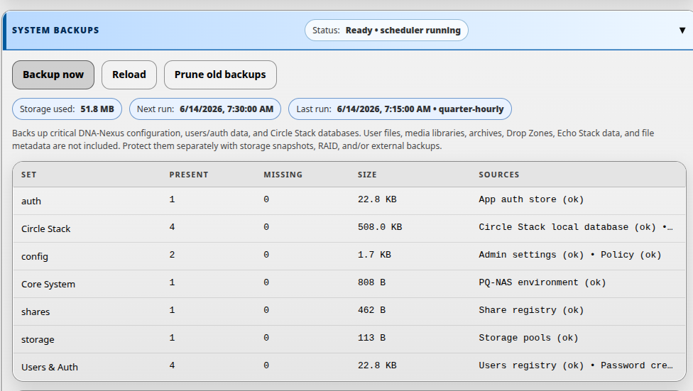 DNA-Nexus system backups section in admin settings