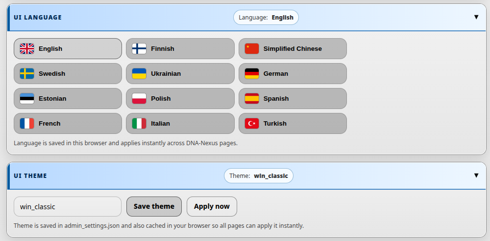 DNA-Nexus language and theme settings