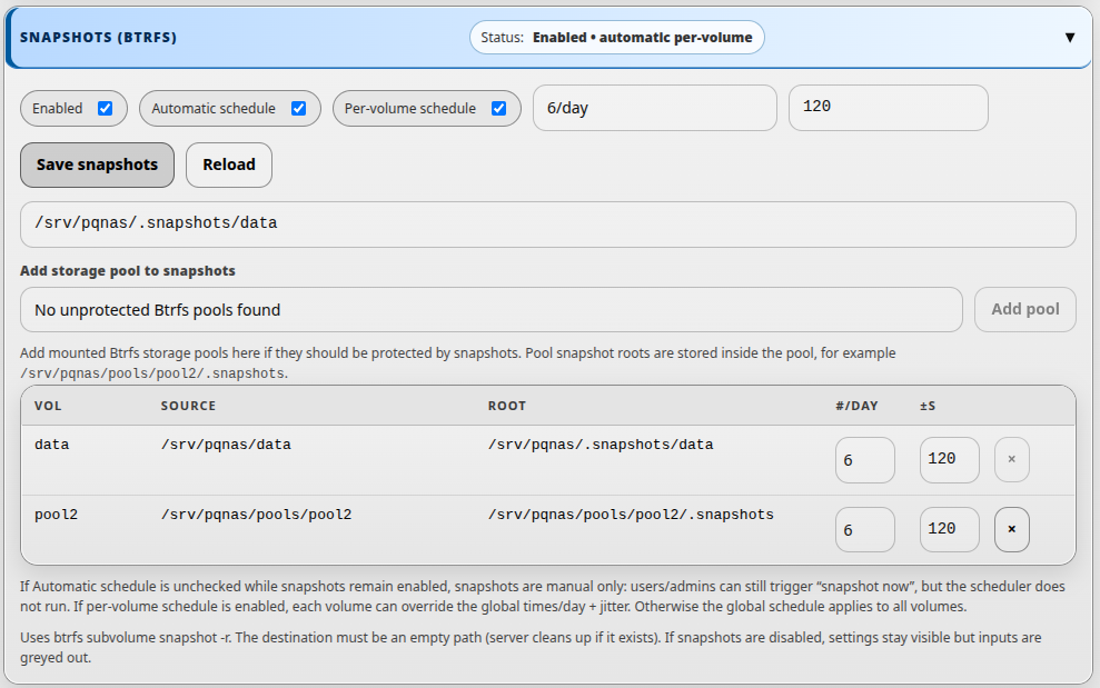 DNA-Nexus admin settings page with Btrfs snapshot settings