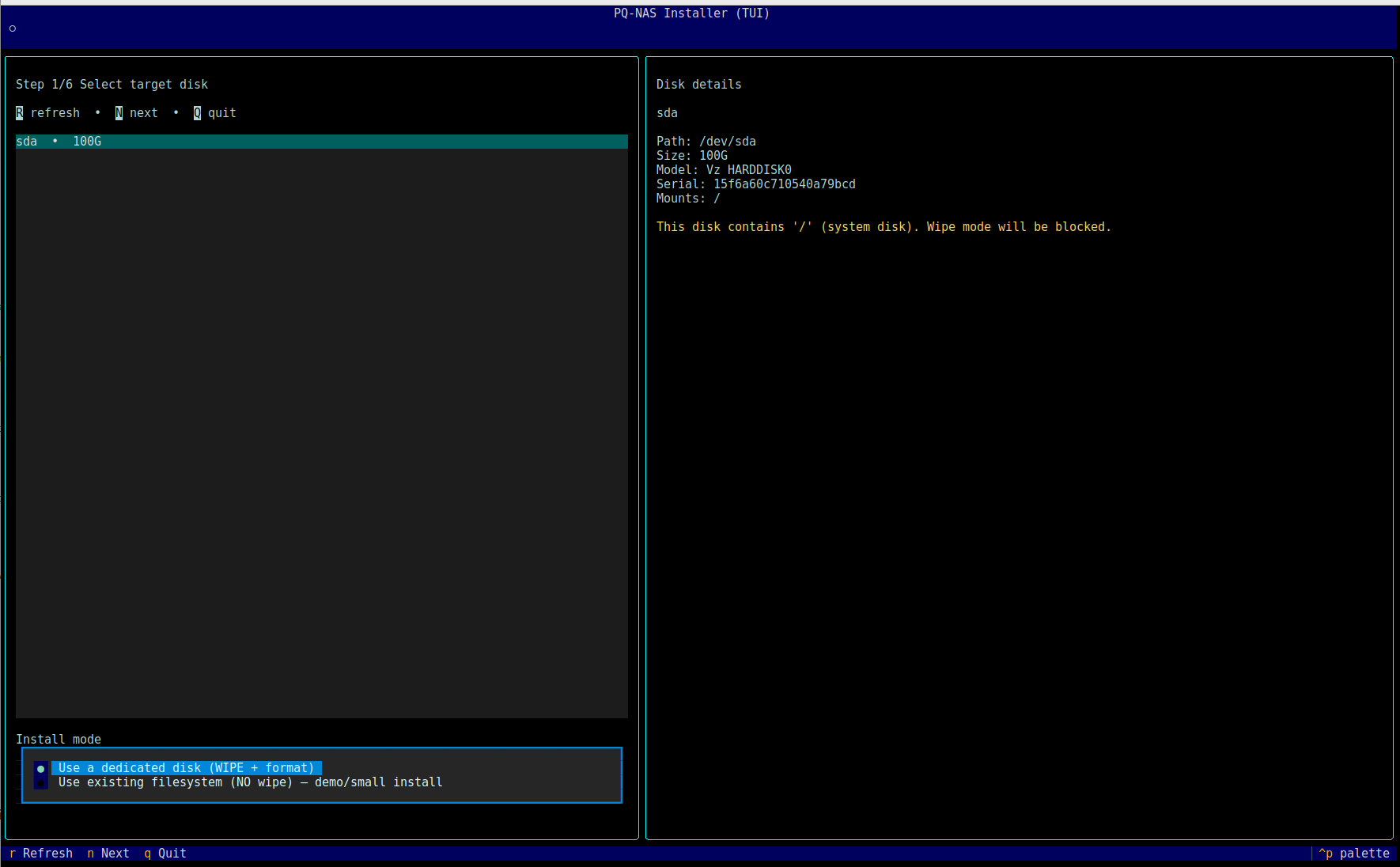 DNA-Nexus installer target disk selection screen