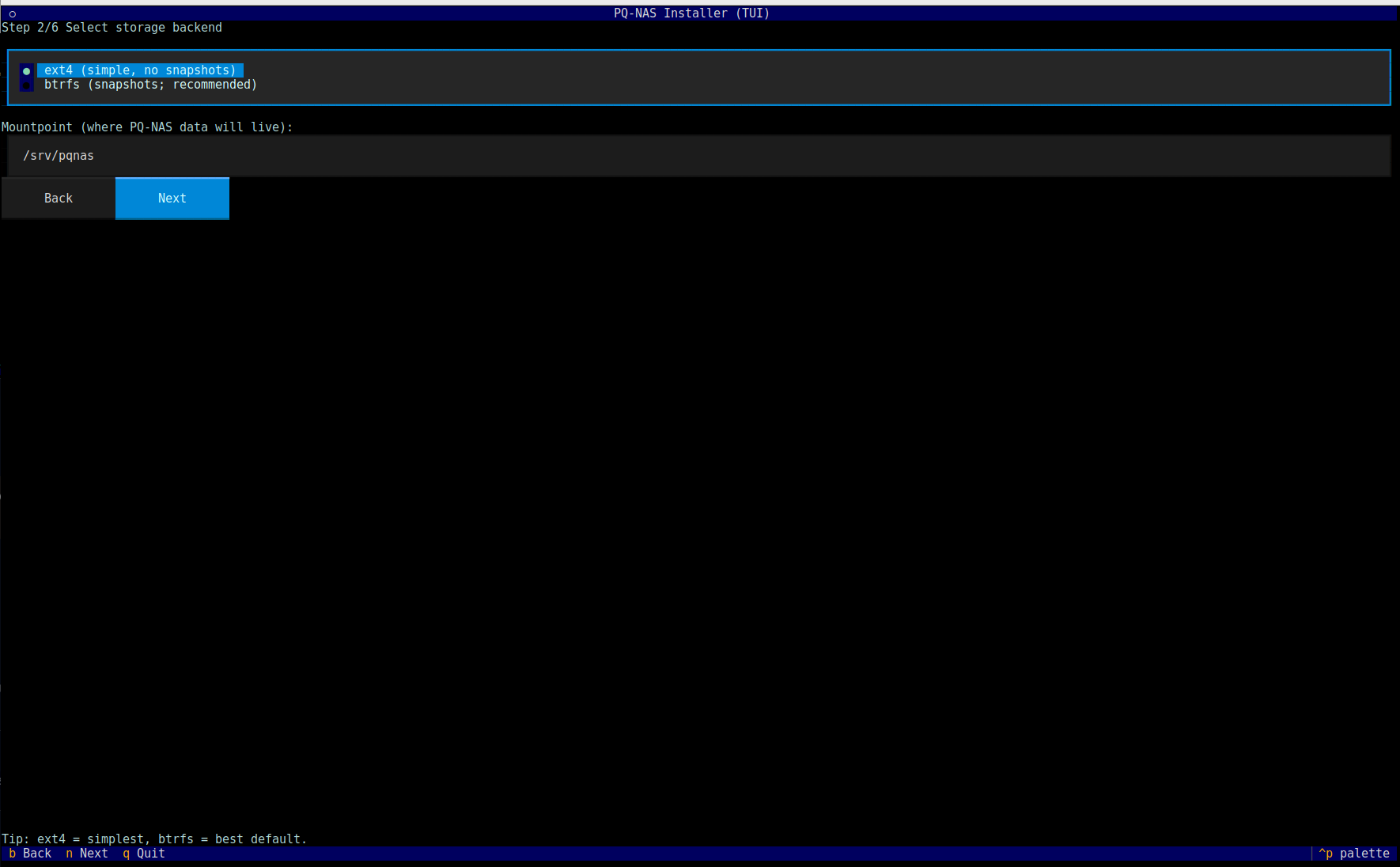 DNA-Nexus installer storage backend selection screen