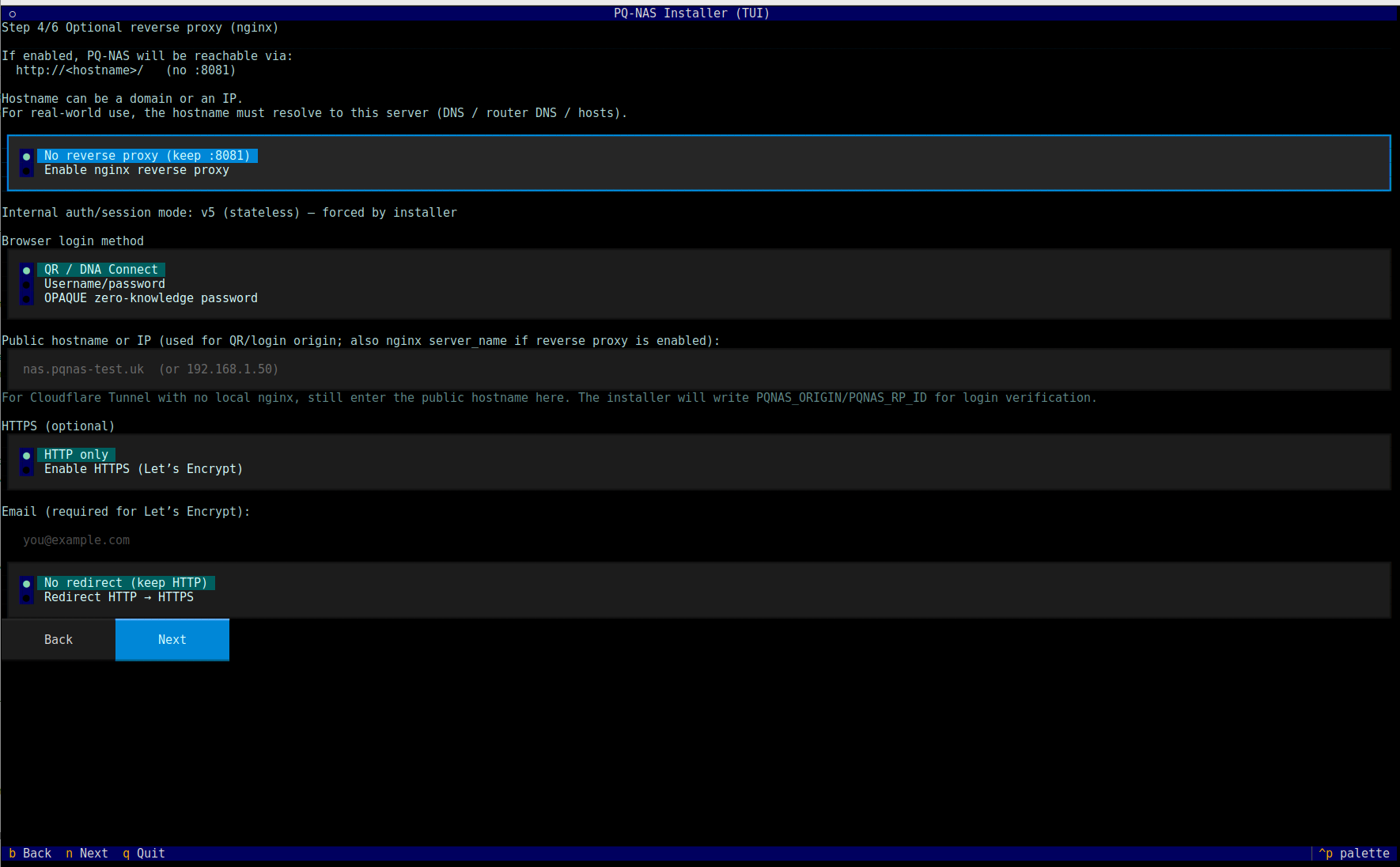 DNA-Nexus installer optional reverse proxy screen without local nginx