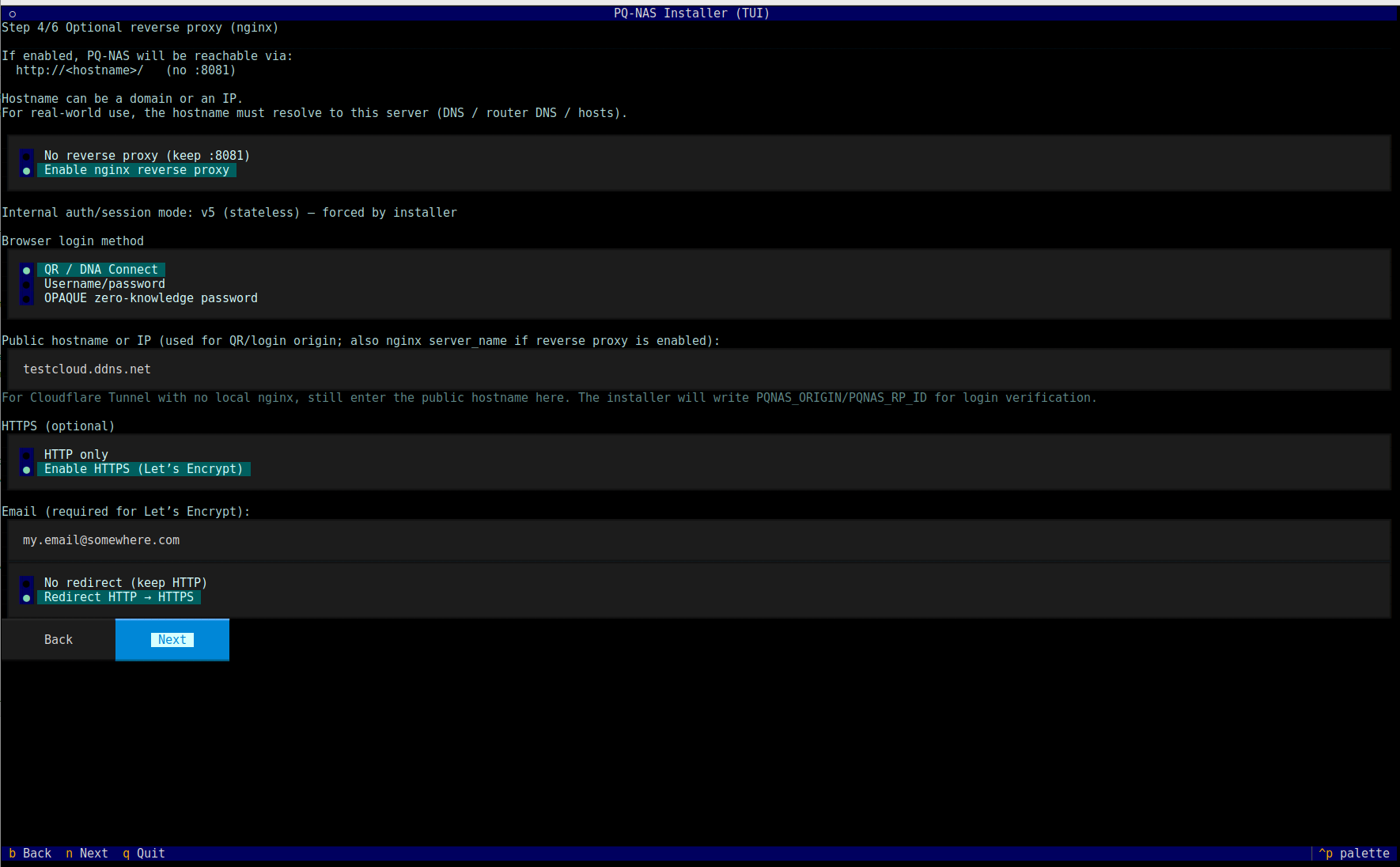 DNA-Nexus installer optional reverse proxy screen with nginx and HTTPS enabled