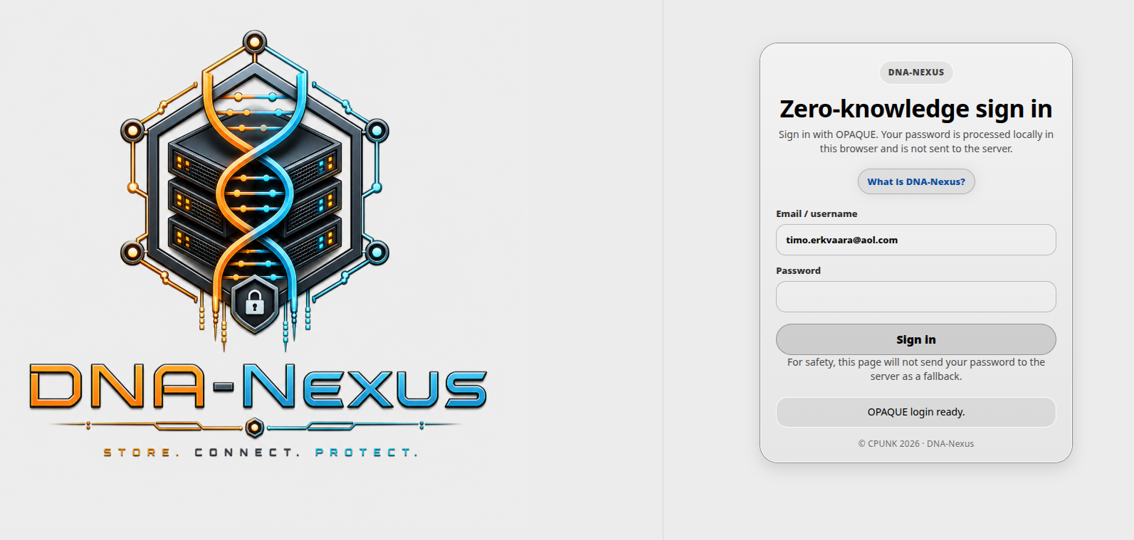 DNA-Nexus OPAQUE zero-knowledge password login screen