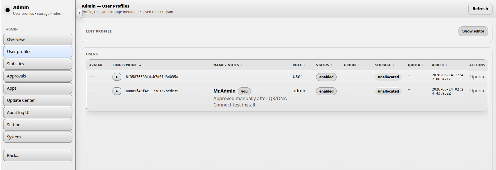 Enabled user on the user profiles page