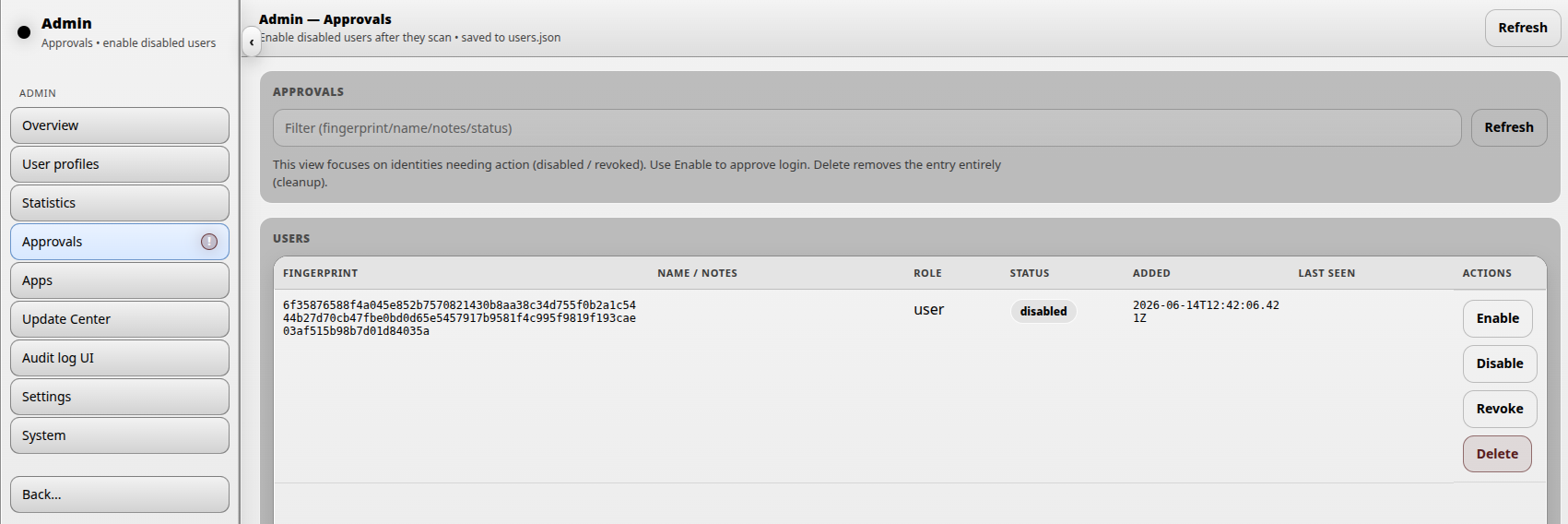 Enable pending user from approvals