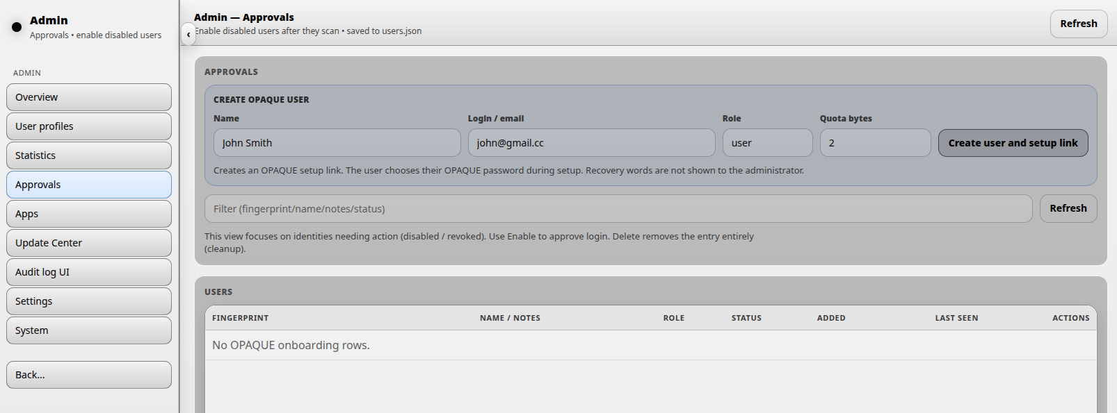 Create OPAQUE user and setup link from the approvals page